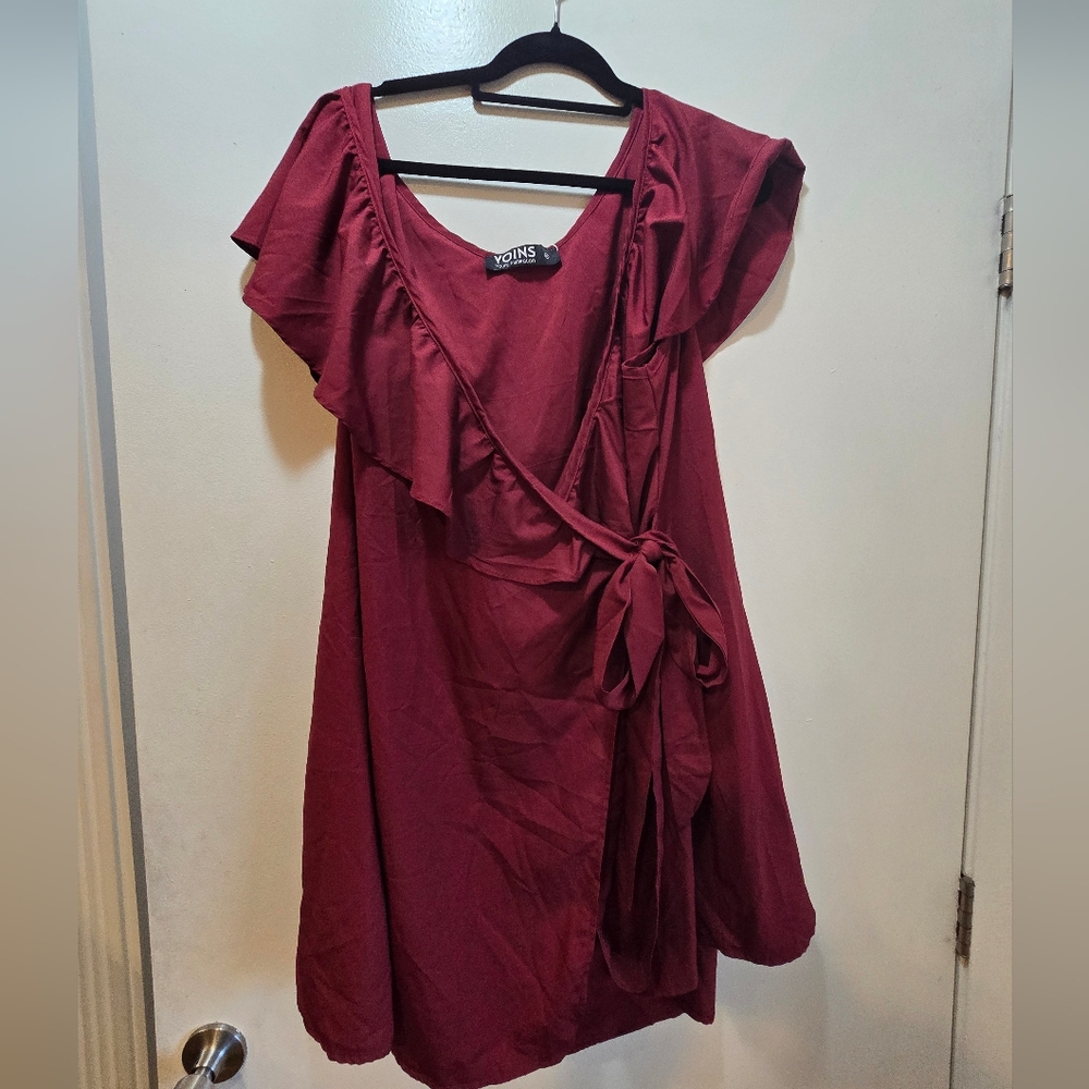 YOINS Red Wrap Tie Front Mini Dress V-Neck